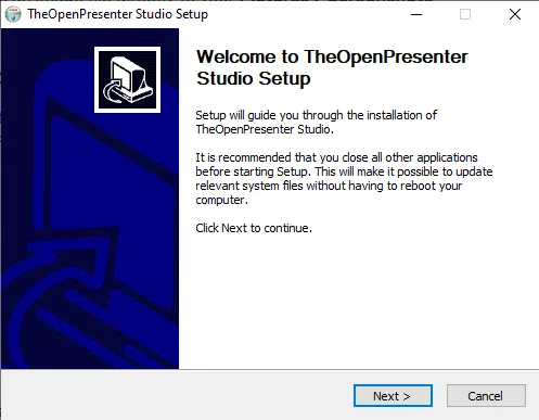 The TheOpenPresenter Studio setup welcome screen with a Next button