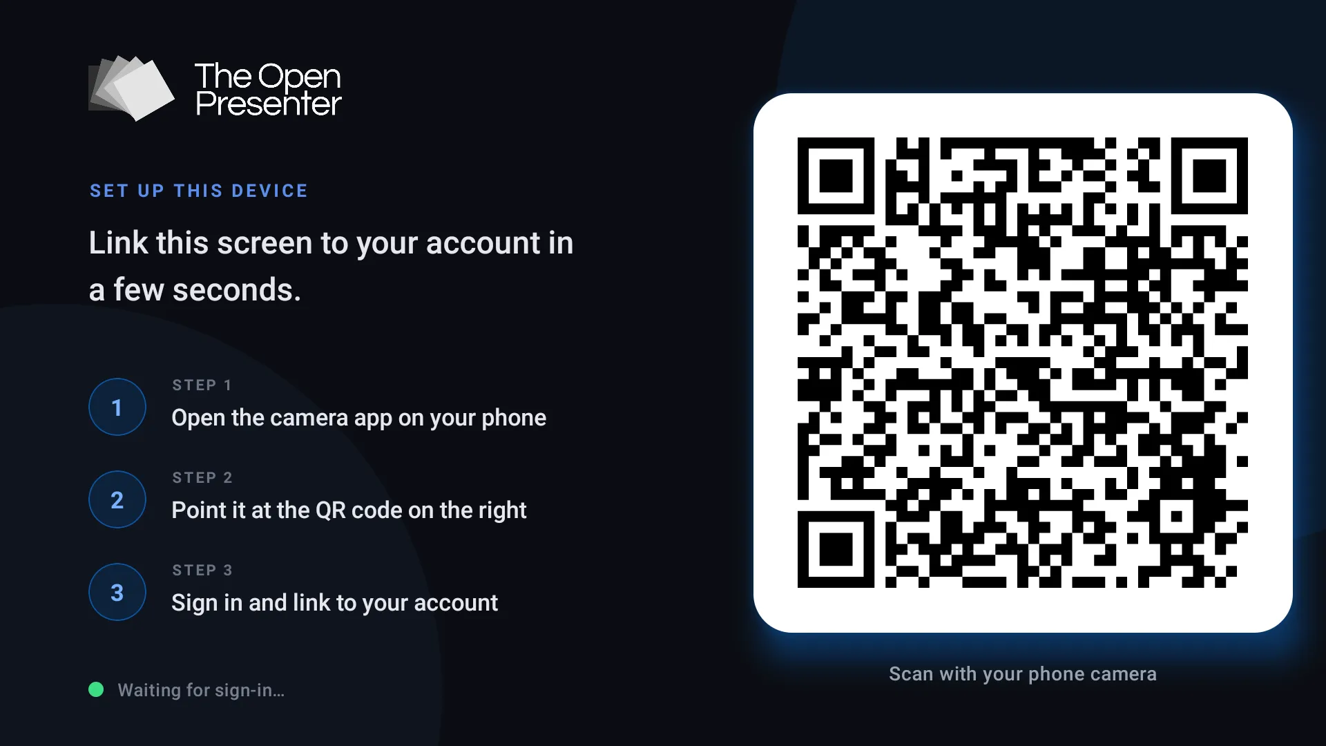 The Set up this device screen on the TV, with a QR code to scan and three steps: open your camera, point it at the code, sign in and link your account
