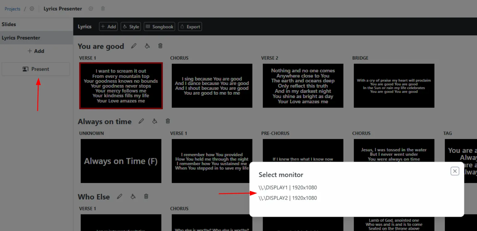 The Lyrics Presenter editor with the Present button and the Select monitor dialog listing DISPLAY1 and DISPLAY2