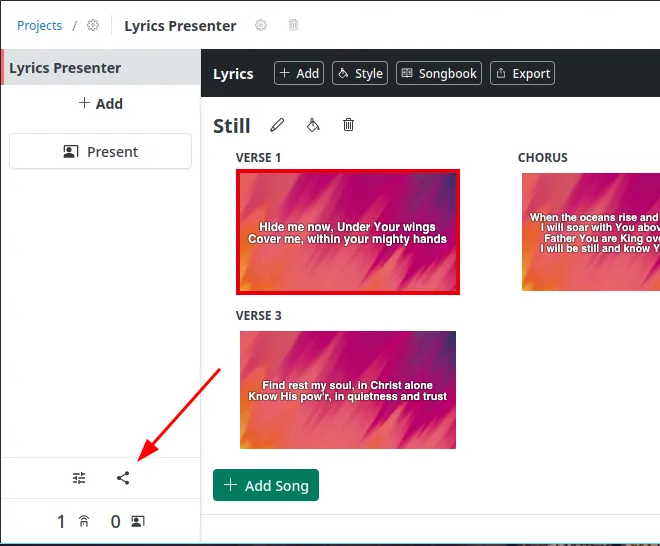 The Lyrics Presenter editor with a red arrow pointing at the Share icon near the bottom-left of the screen
